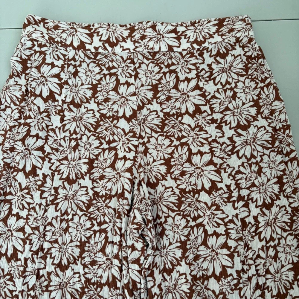 Becool Brown White Floral Wide Leg Pants‎ Womens Large High Rise Rayon Boho